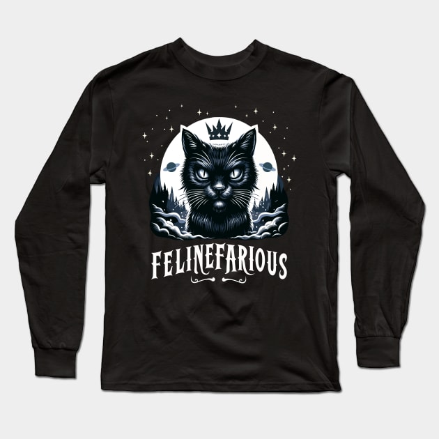 Felinefarious, a nefarious and evil black pussy cat, funny graphic t-shirt Long Sleeve T-Shirt by Cat In Orbit ®